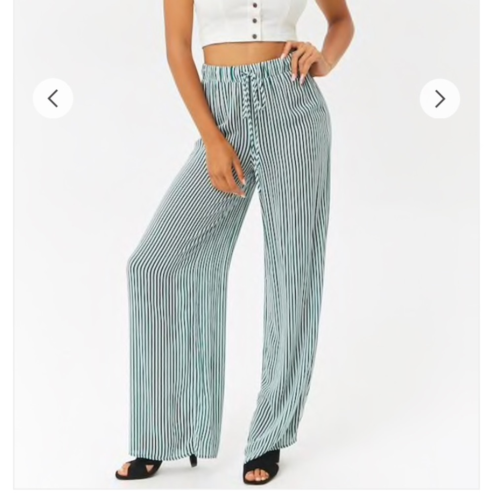 Emerald green & white striped palazzo pants